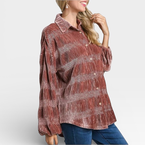 Umgee Tops - Umgee Velvet Ruched Tiered Button Up Long Sleeve Top Blush Size Medium